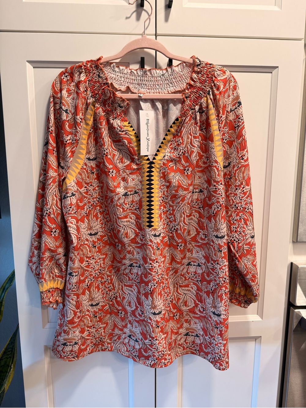 Boho-Style Red Printed Tunic with Yellow Trim